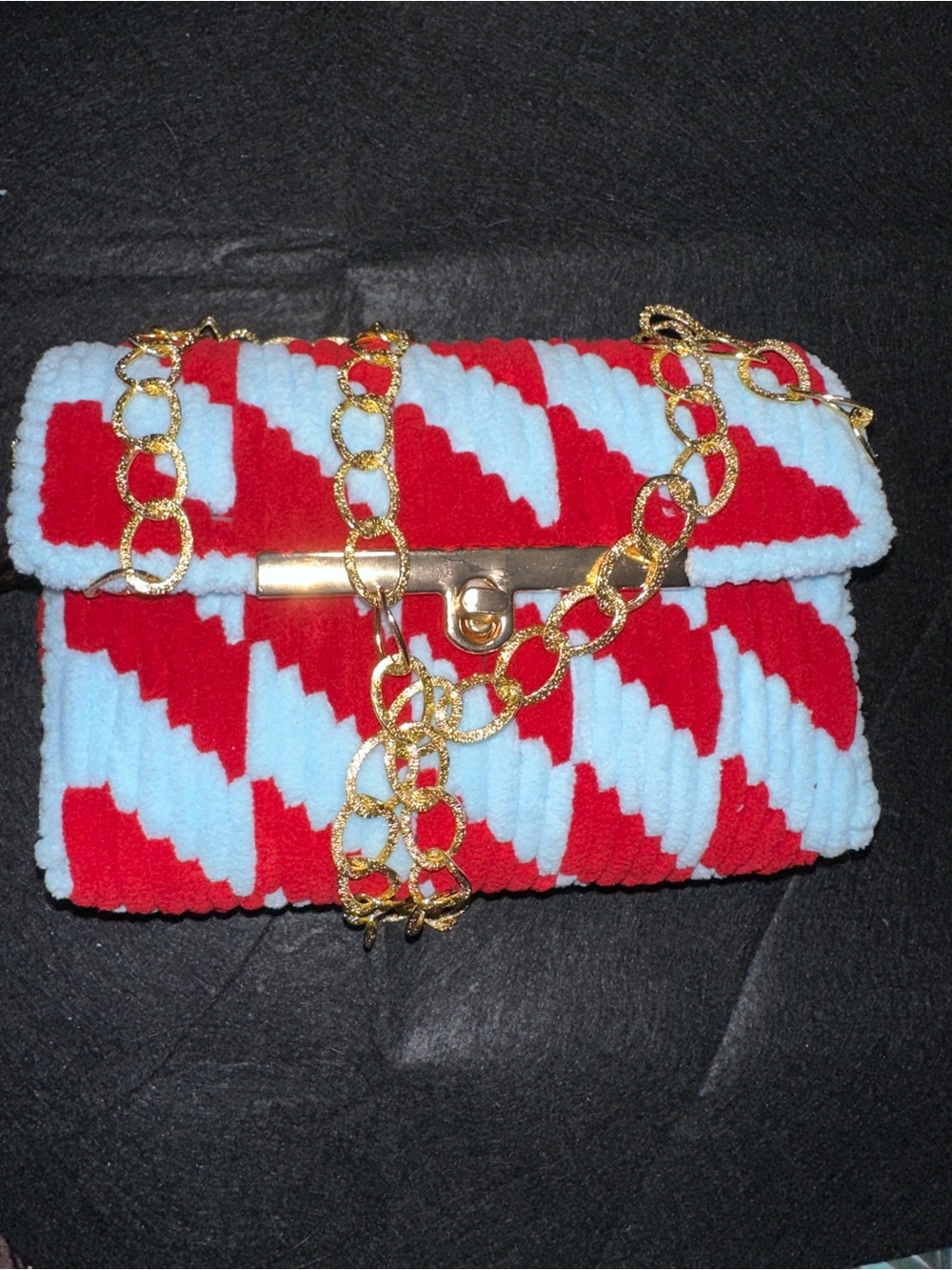 Red and Light Blue Chevron Plush Chain Shoulder Bag Handmade